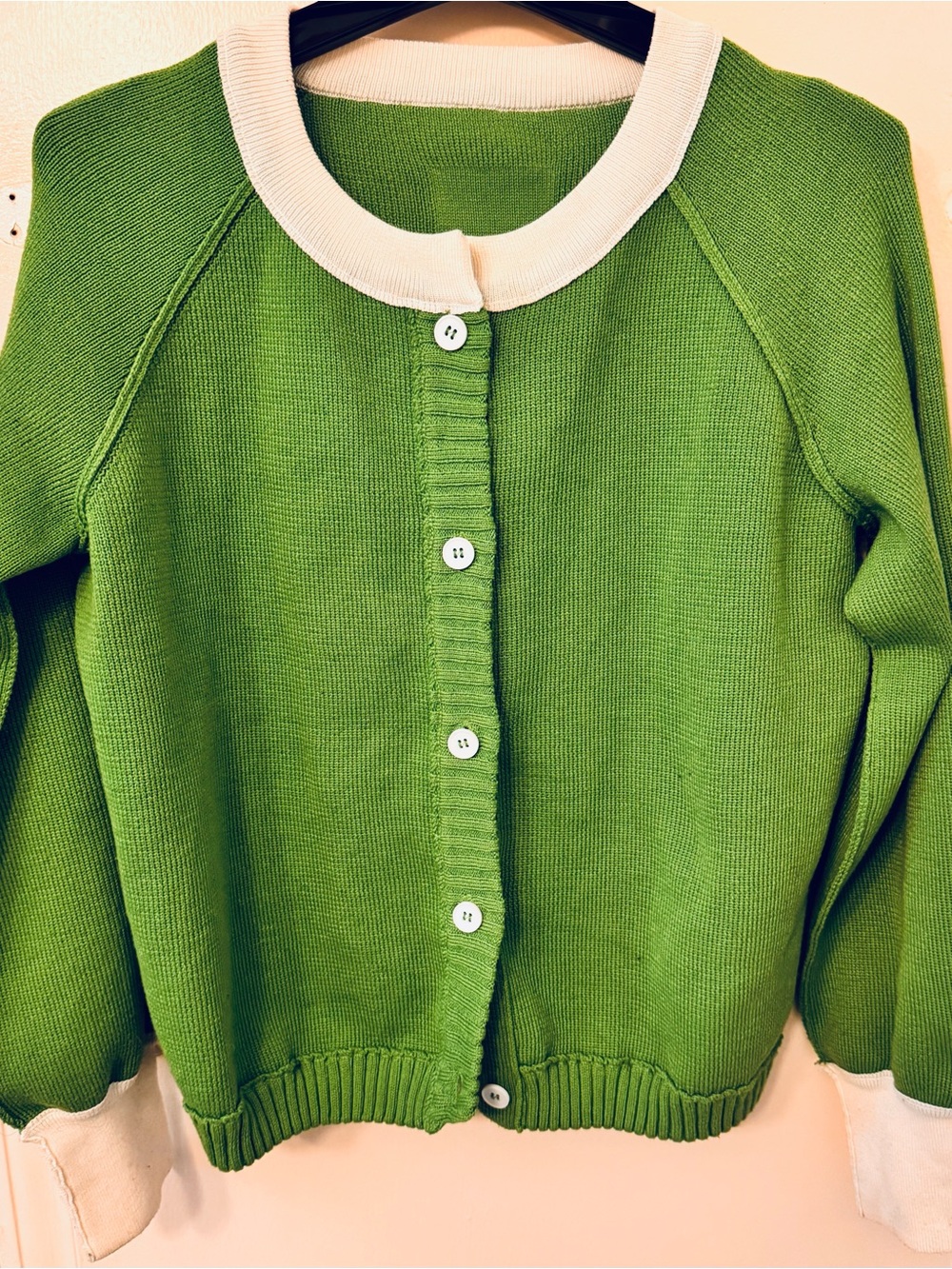 Amazon Green and White Crewneck Button-Up Cardigan Sweater